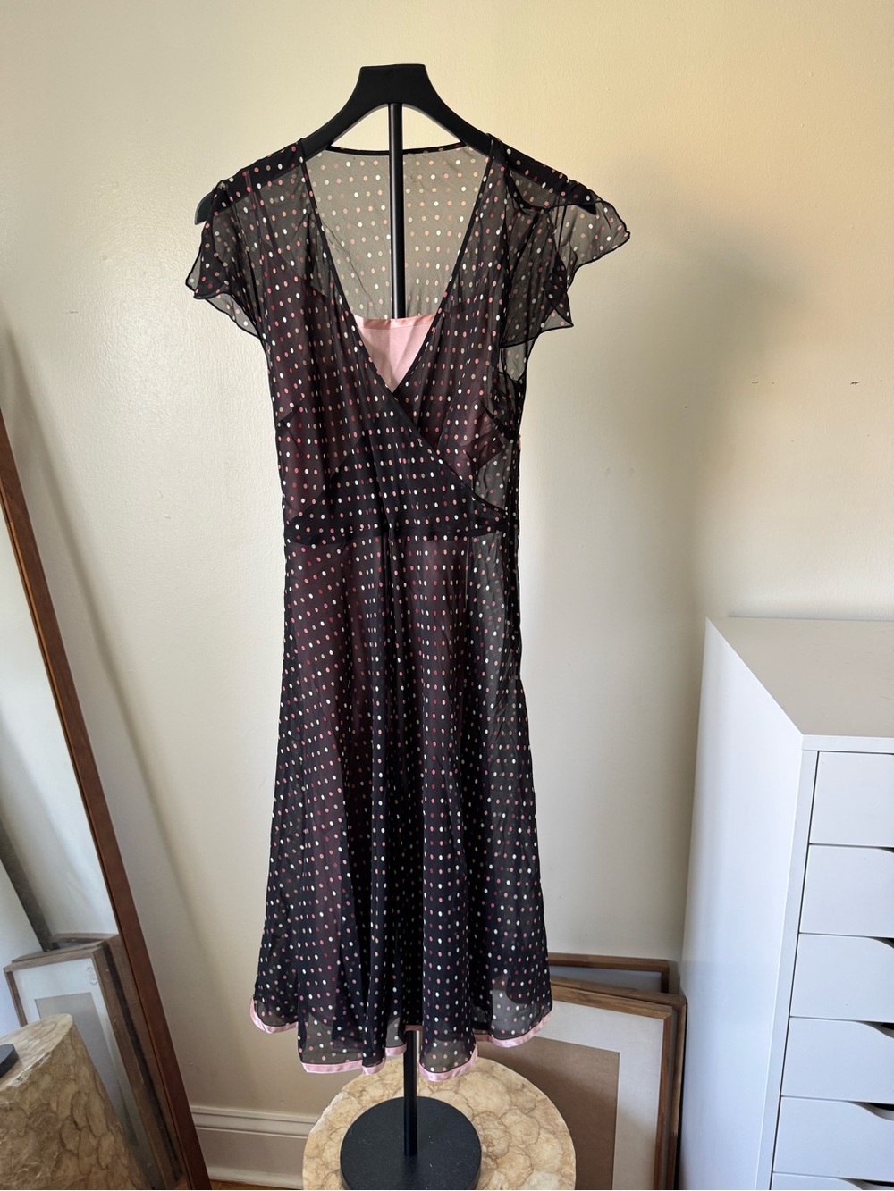Women’s Black Sheer Polka Dot Wrap Dress with Pink Lining
